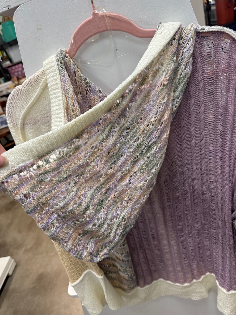 NWOT POL Lavender, Cream and Tan Mixed-Knit Hooded Cardigan - Picture 5 of 6
